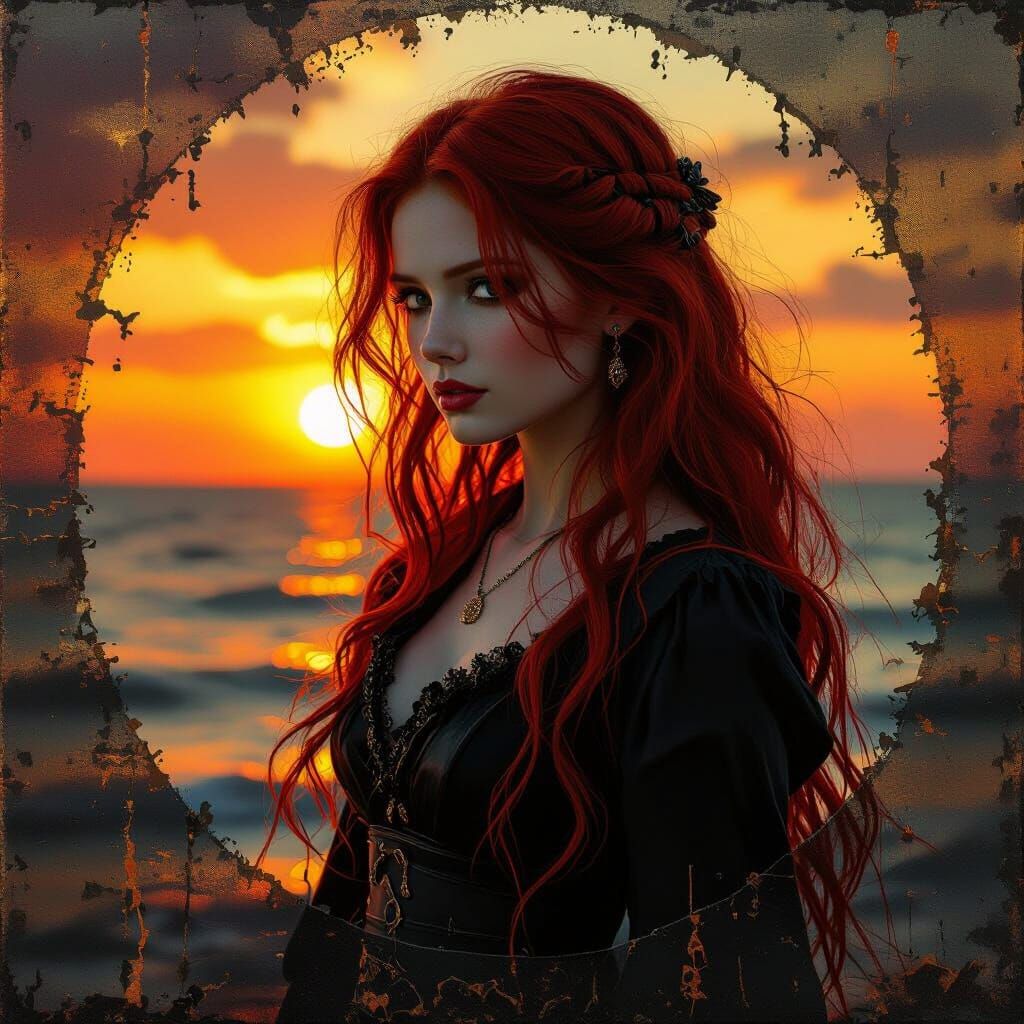 Red Haired Woman in Sunset Double Exposure Painting
