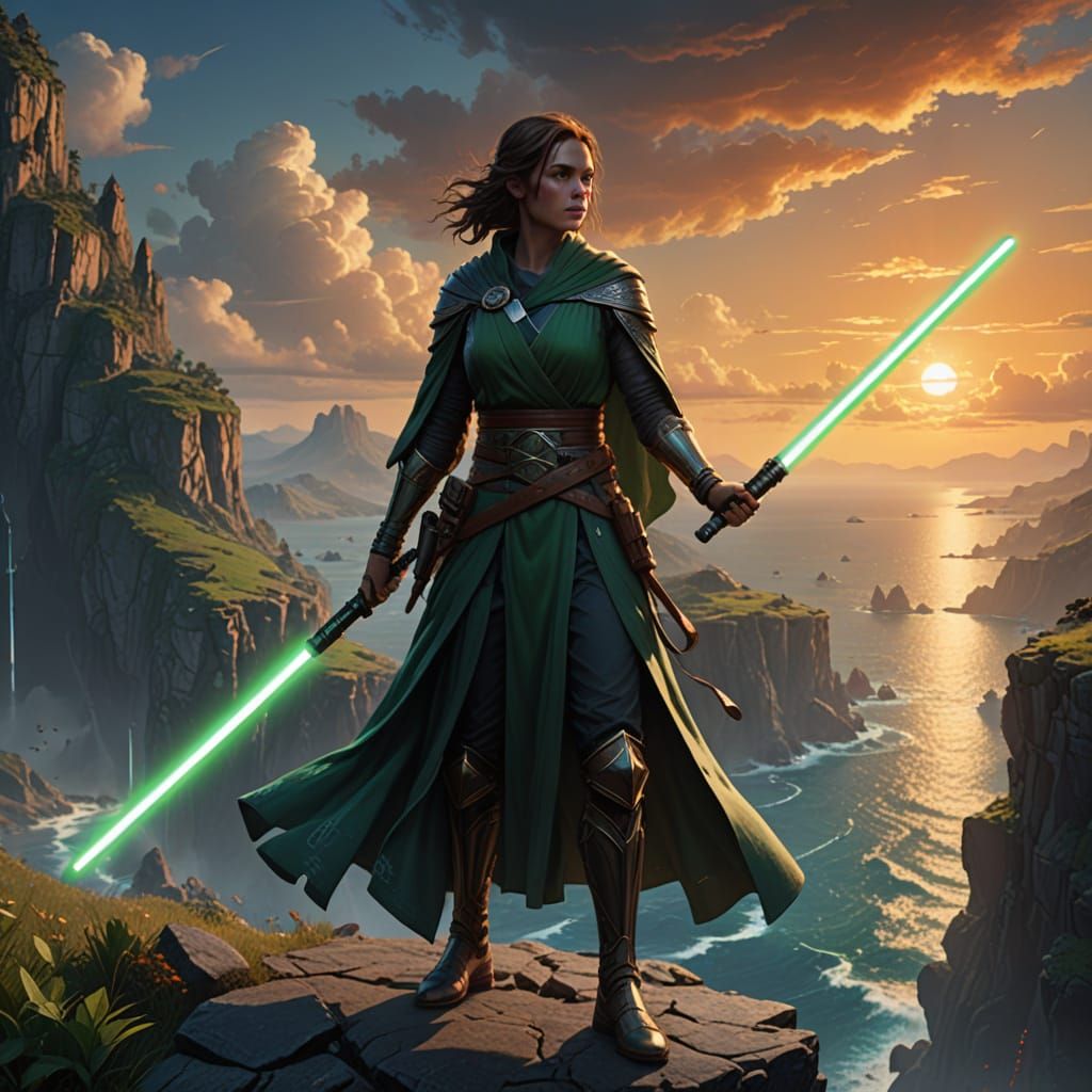 Mystical Jedi Knight Stands Ready on Cliff's Edge