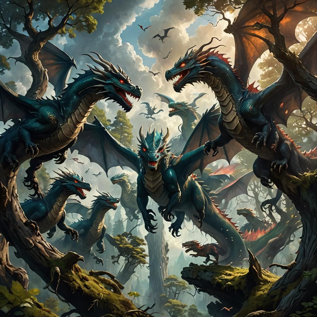 Dragons Soaring Above Primeval Forest: Fantasy Art