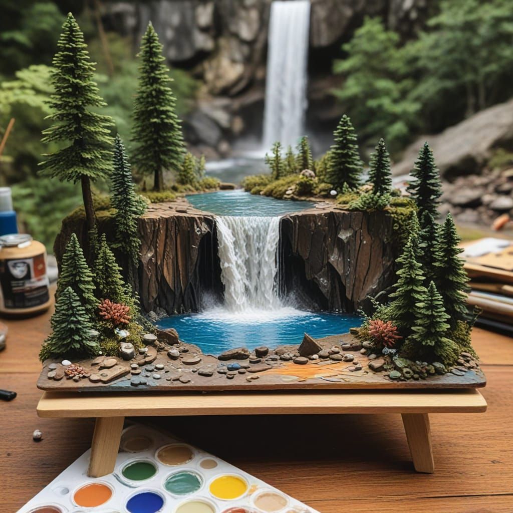 Miniature Waterfall Scene in Artistic Landscape