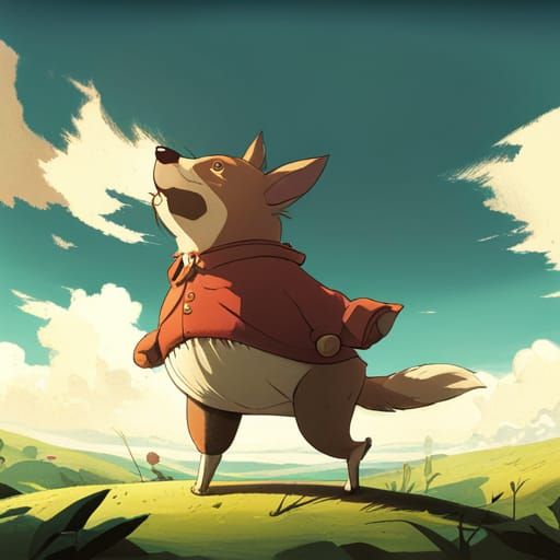 Dog on Two Legs in Ghibli Anime Style