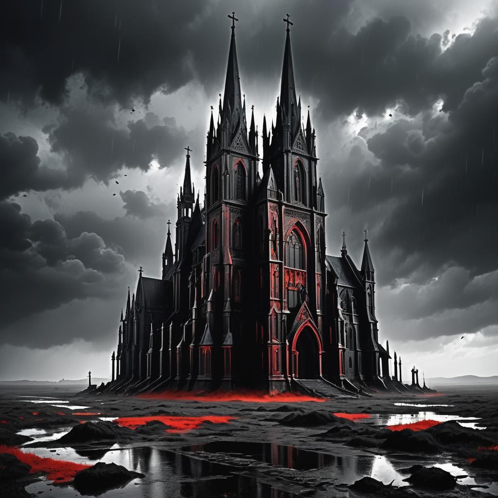 Gothic Church in Barren Moor: Black and Red Digital Painting