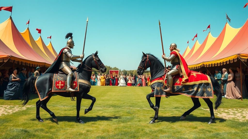 Knights Jousting Before King and Queen