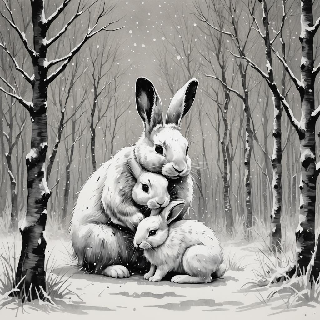 Serene Sumi-e Illustration: Rabbits in a Snowstorm