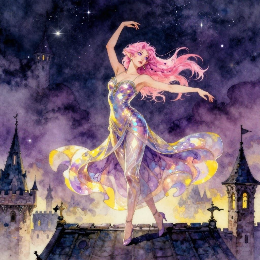 Pink Haired Elf Dancing on Castle Roof in Watercolor Style