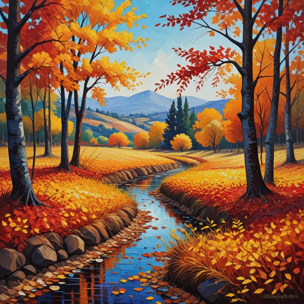 Vibrant Autumn Landscape Oil Painting