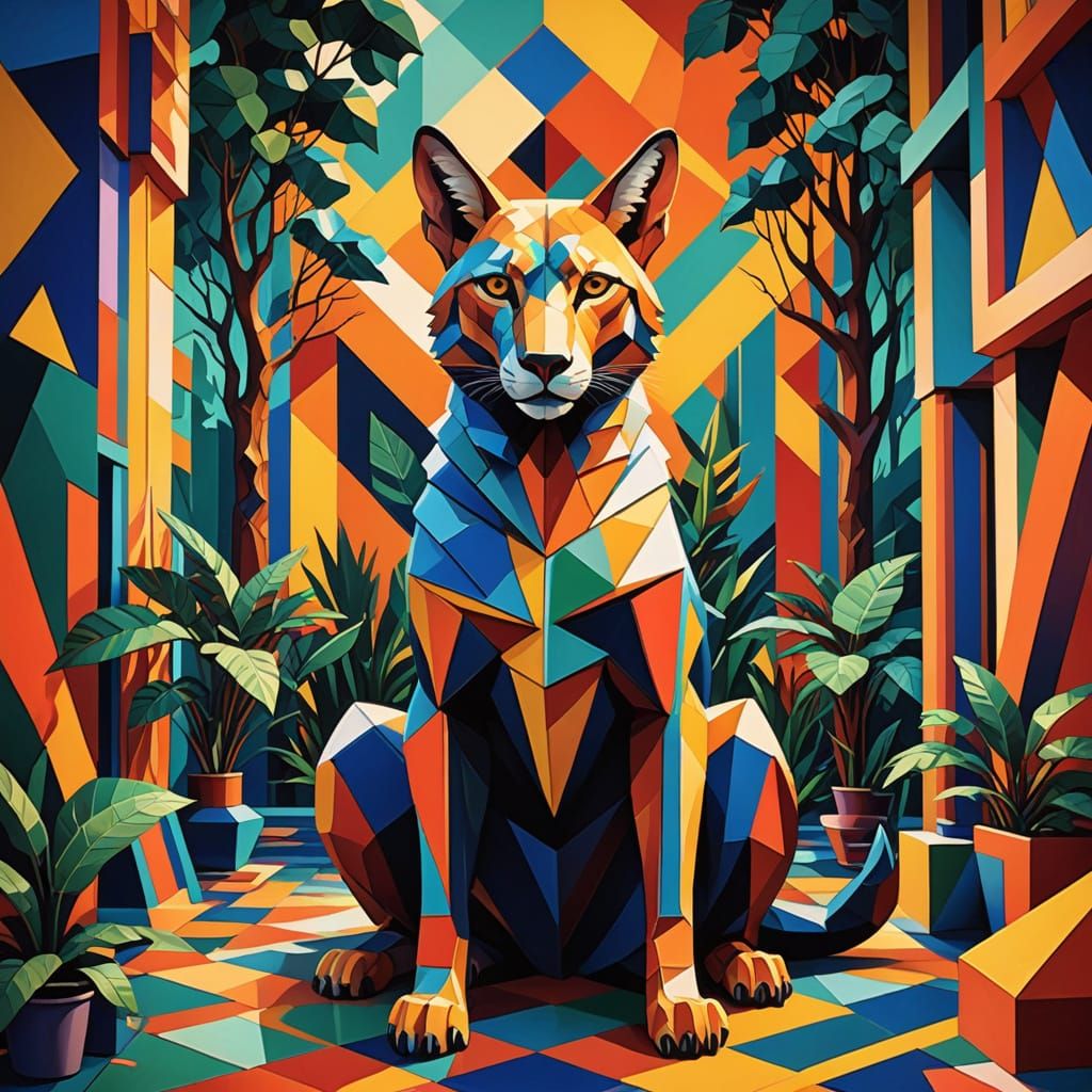 Neo-Cubist Forest Animal on Throne in Grand Chamber