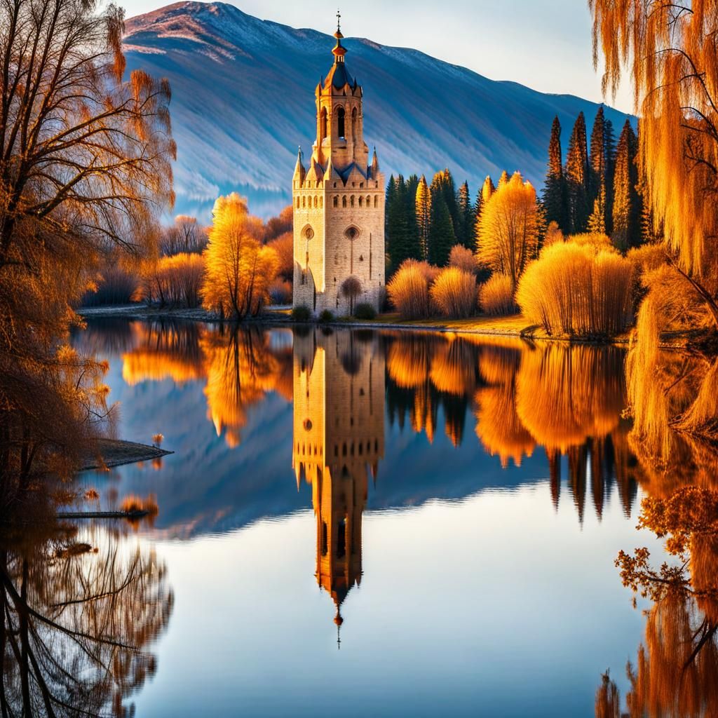 Amber Gothic Bell Tower Reflection at Golden Hour