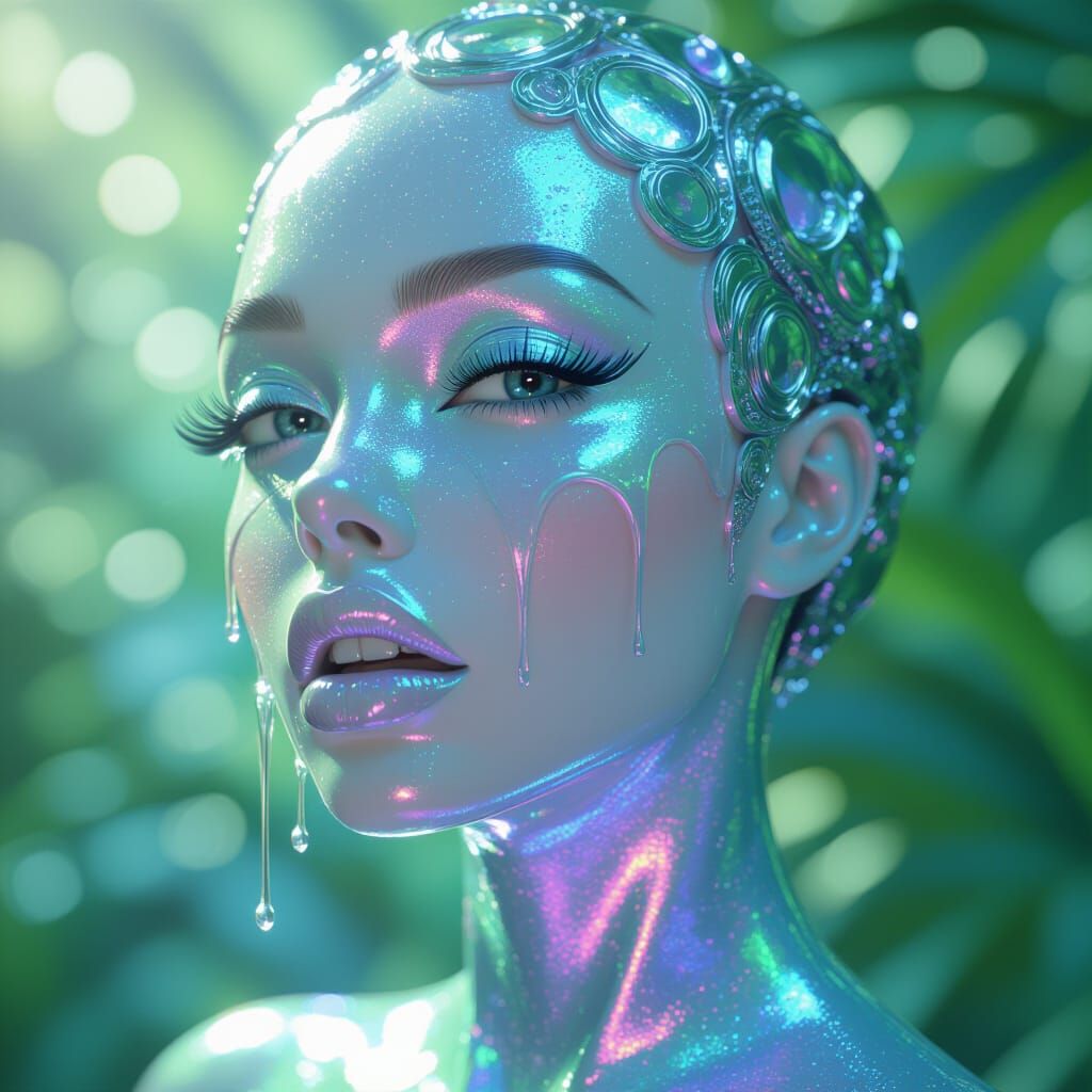 Surreal Holographic Woman in Pastel Jungle