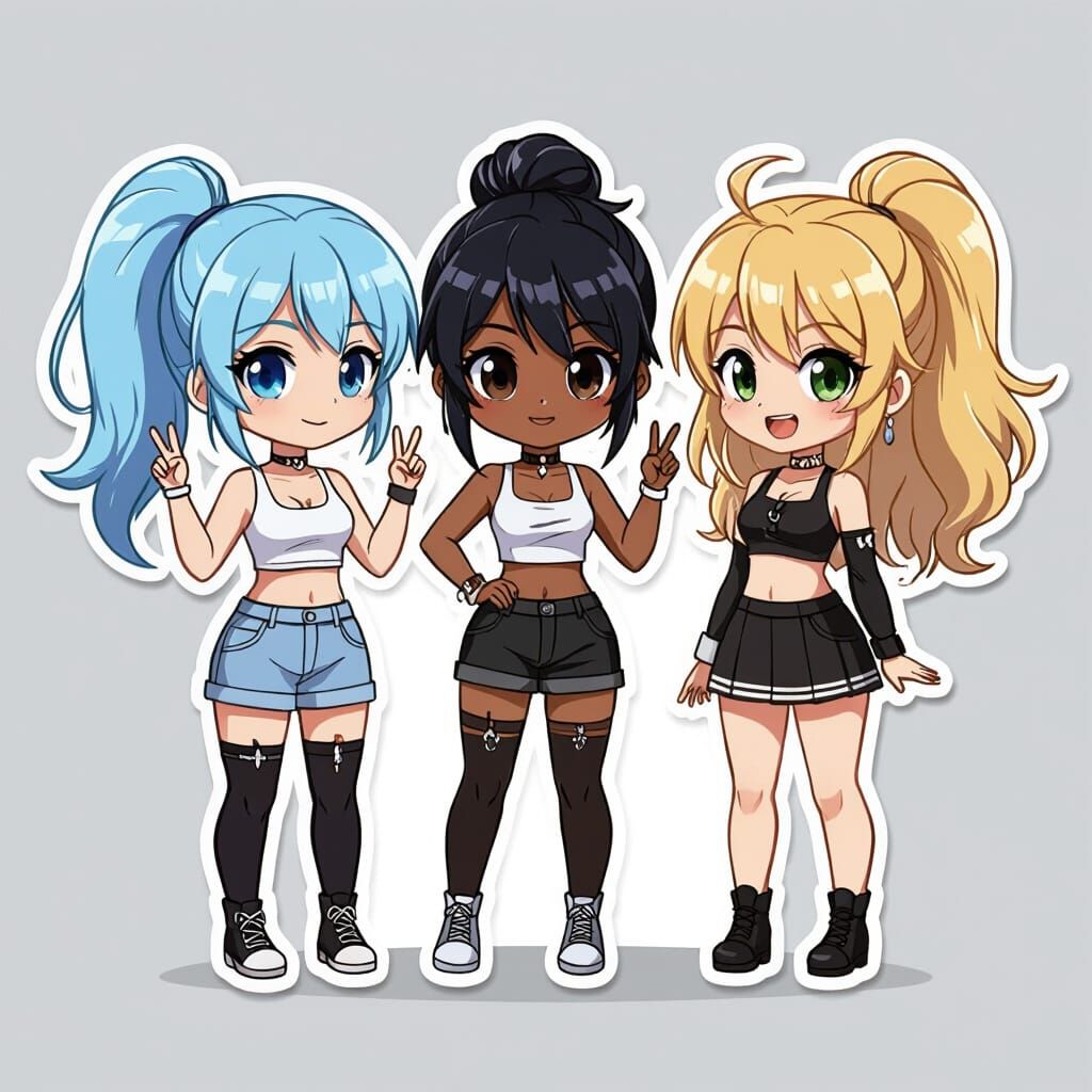 Three Chibi Anime Girls in Sticker Style