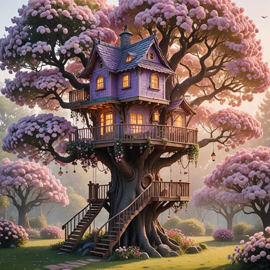 Whimsical Fantasy Treehouse in Ethereal Luminous Style