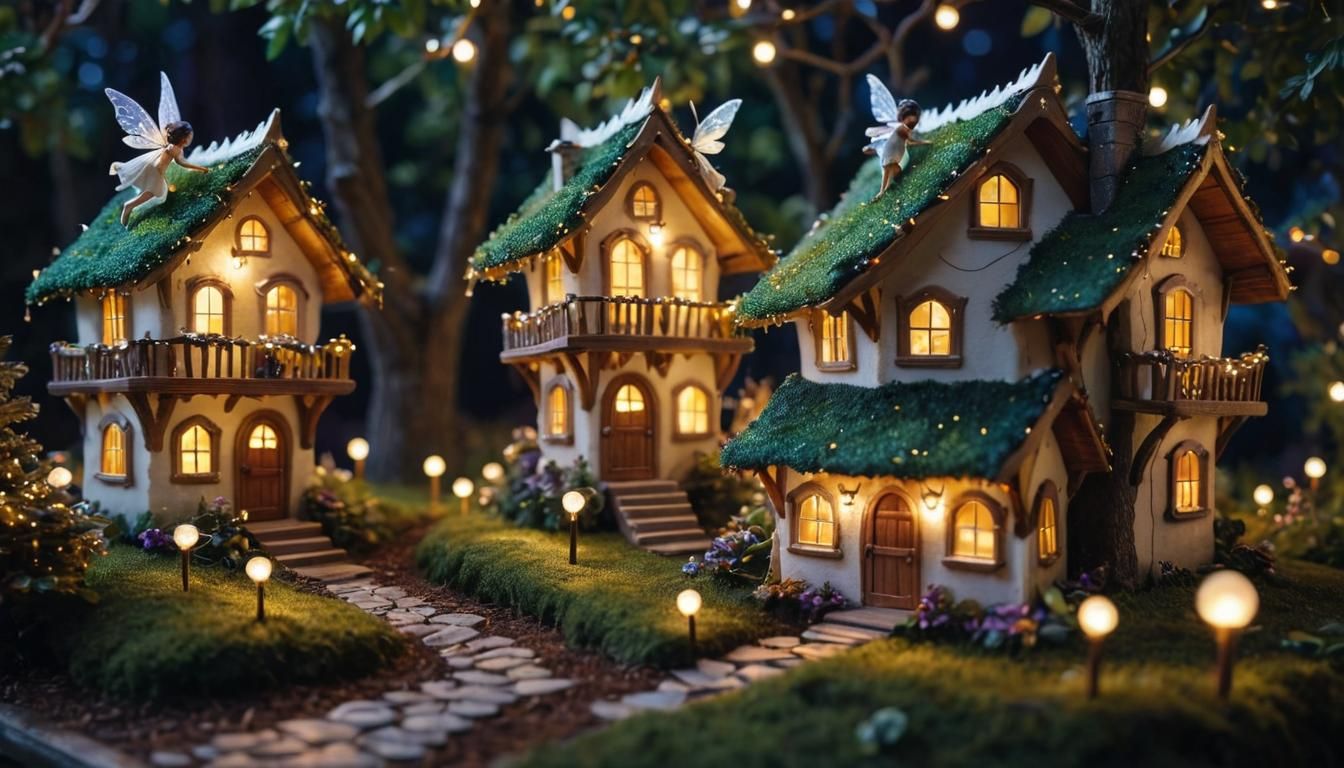 Enchanted Fairy Village at Night in Tilt-Shift Photography