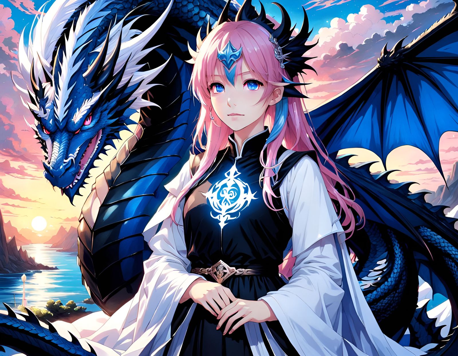 Anime Girl Hugging Blue Dragon at Sunset