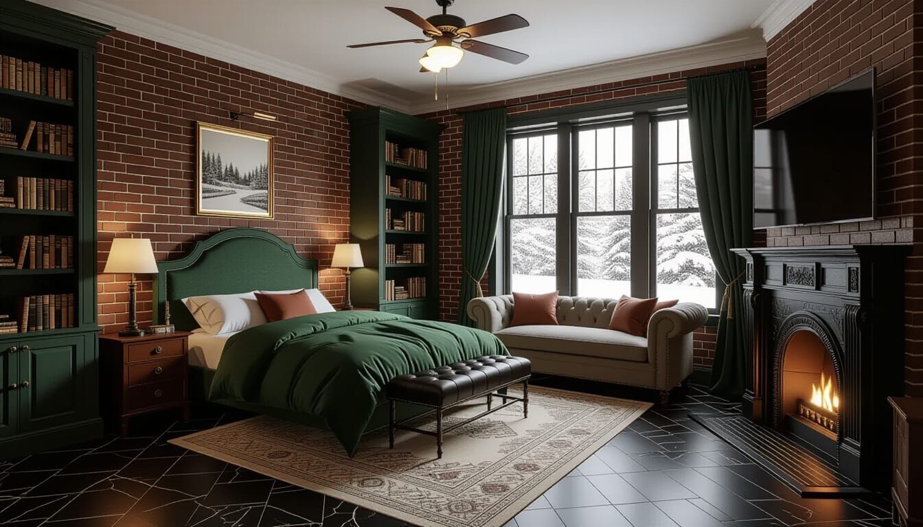 Victorian Bedroom with Snowy View and Fireplace Glow