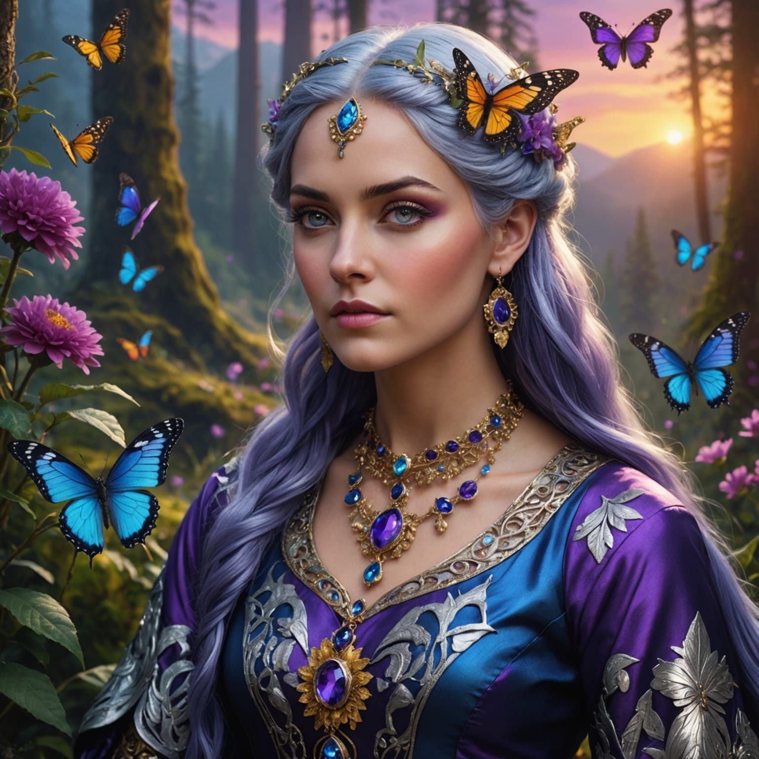 Hyperrealistic Woman with Silver Eyes in Mystical Forest