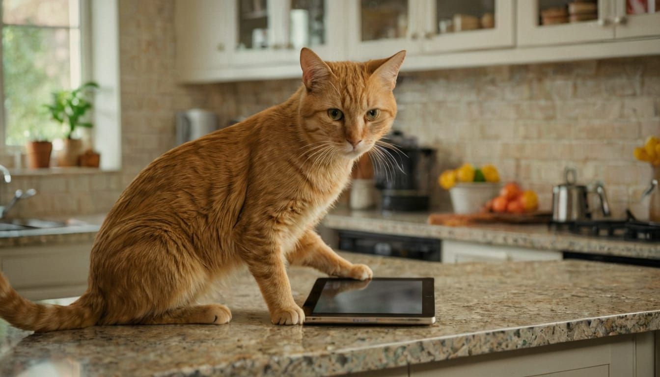 Chakat Turns in Kitchen to Gaze at Tablet