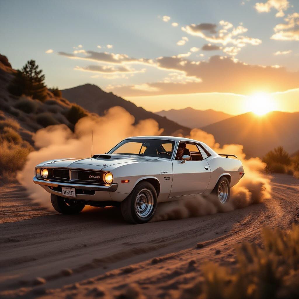 1971 Plymouth Barracuda Drifting Mountain Road at Sunset