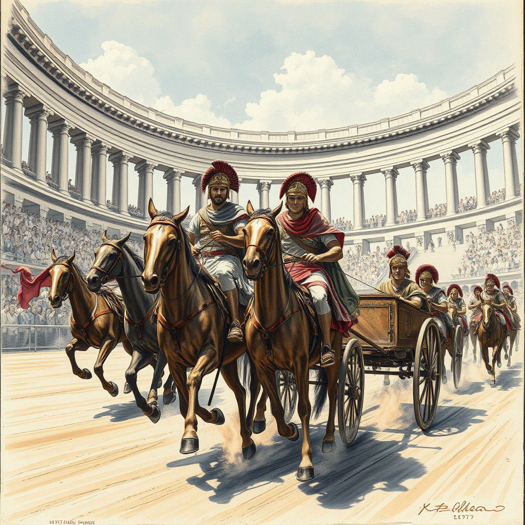 Roman Chariot Race in Charcoal Drawing Style