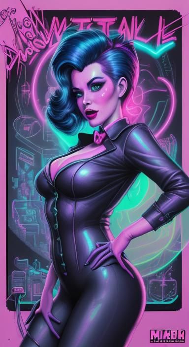 Synthwave Pinup Secretary with Cyberpunk and Steampunk Eleme...