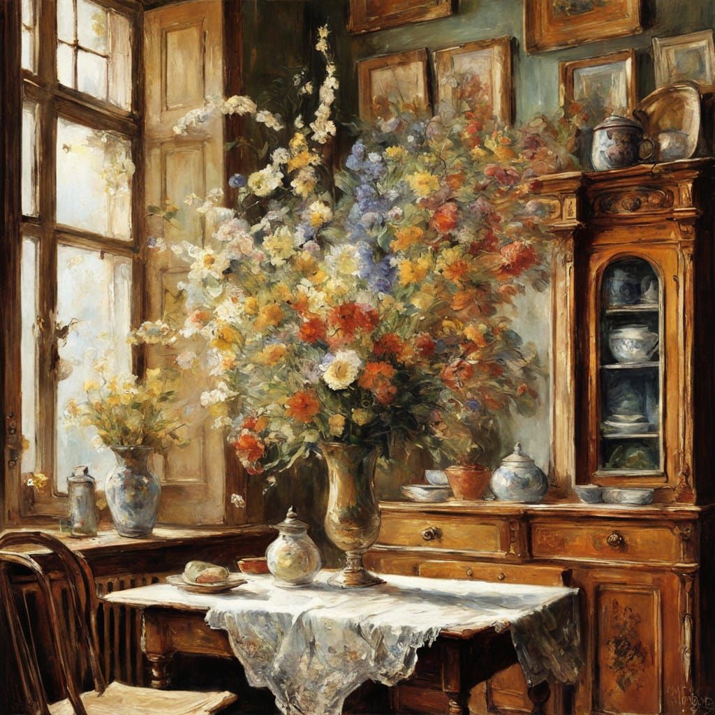 Warm and Inviting Interior with Wildflowers in the Style of...