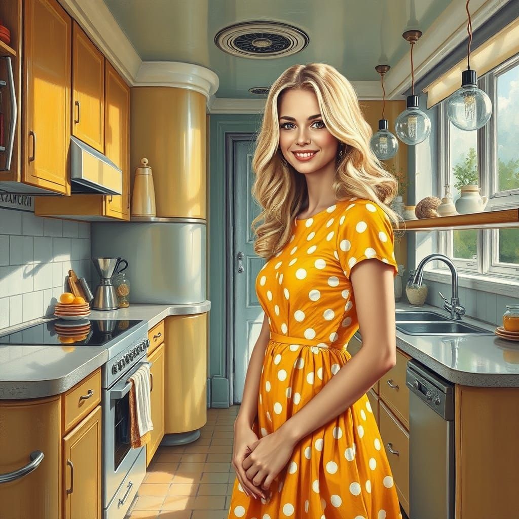 Futuristic Kitchen with Polka Dot Dress in Impressionistic S...