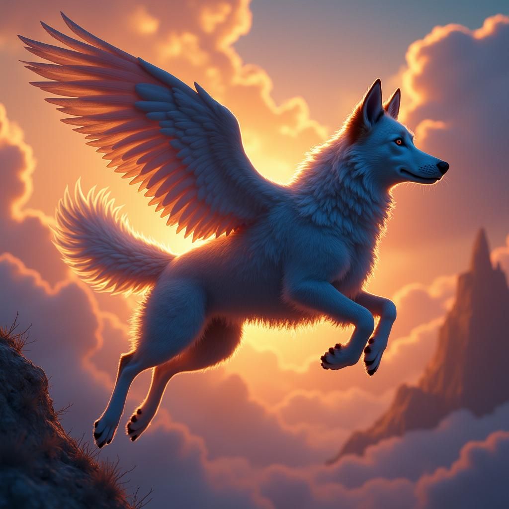 Flying Canine in Whimsical Sky, Digital Art