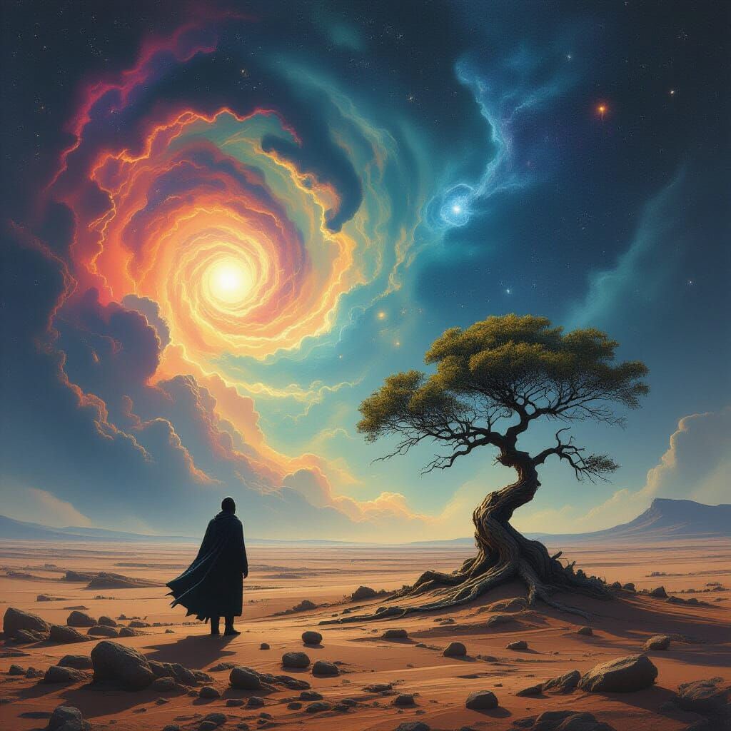 Solitary Figure Gazes at Cosmic Tree Under Alien Sky