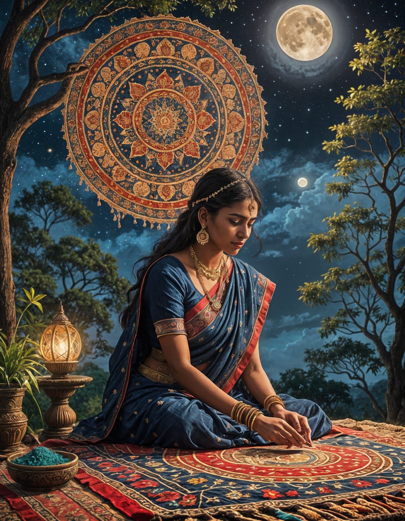 Moonlit Weaver: Indian Woman at Her Loom