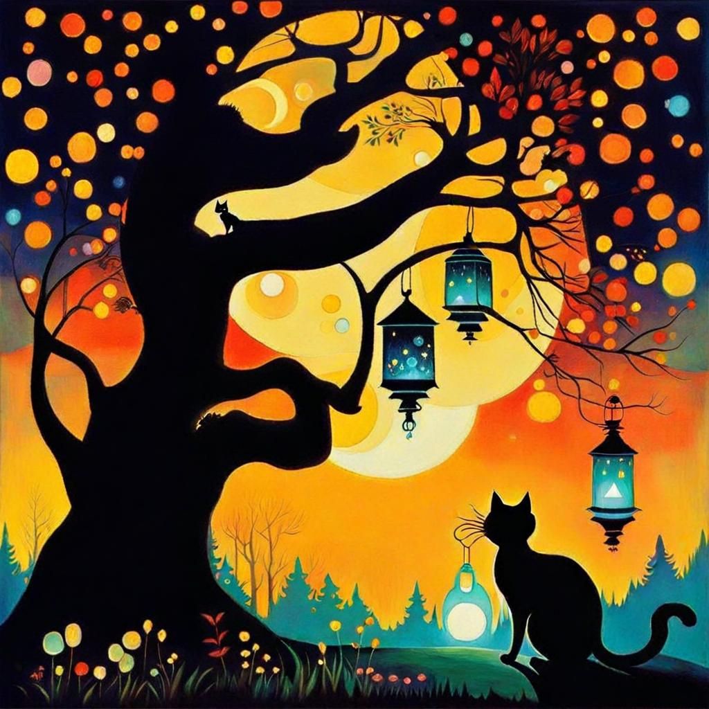 Magical Forest Scene: Witch, Cat, and Enchanted Tree