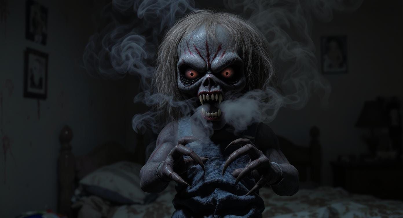 Demonic Doll in Dark Bedroom, Hyperrealistic Style