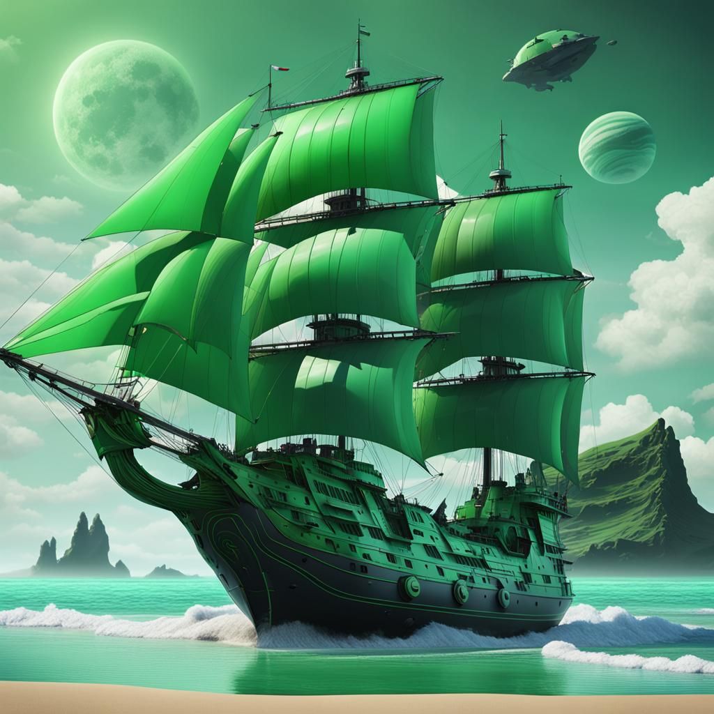 Green Sailing Ship on Alien Planet in 3D