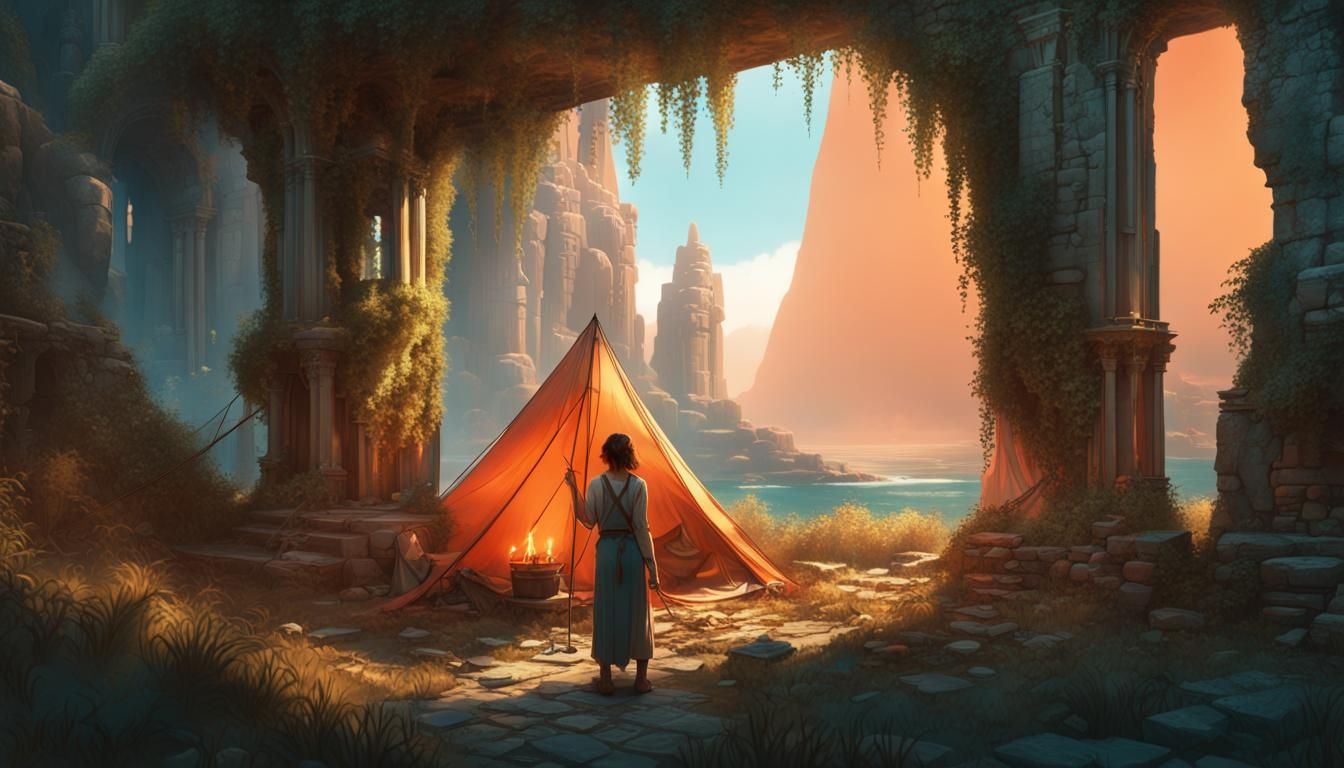 Woman Camping Among Ancient Ruins, Moody Lighting