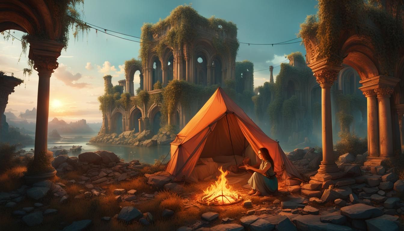 Woman Camps at Overgrown Ruins, Atmospheric Digital Art