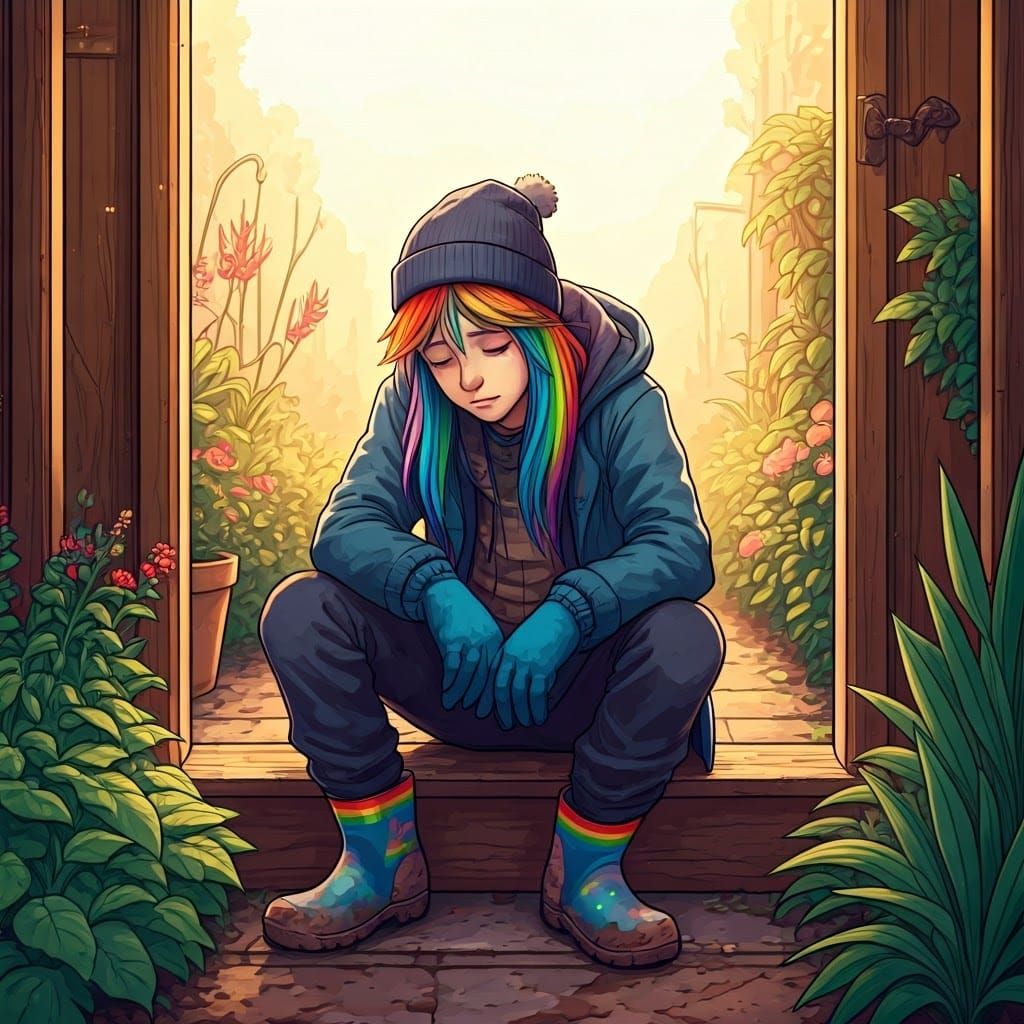 Rainbow Blitz Resting After Gardening, Digital Art