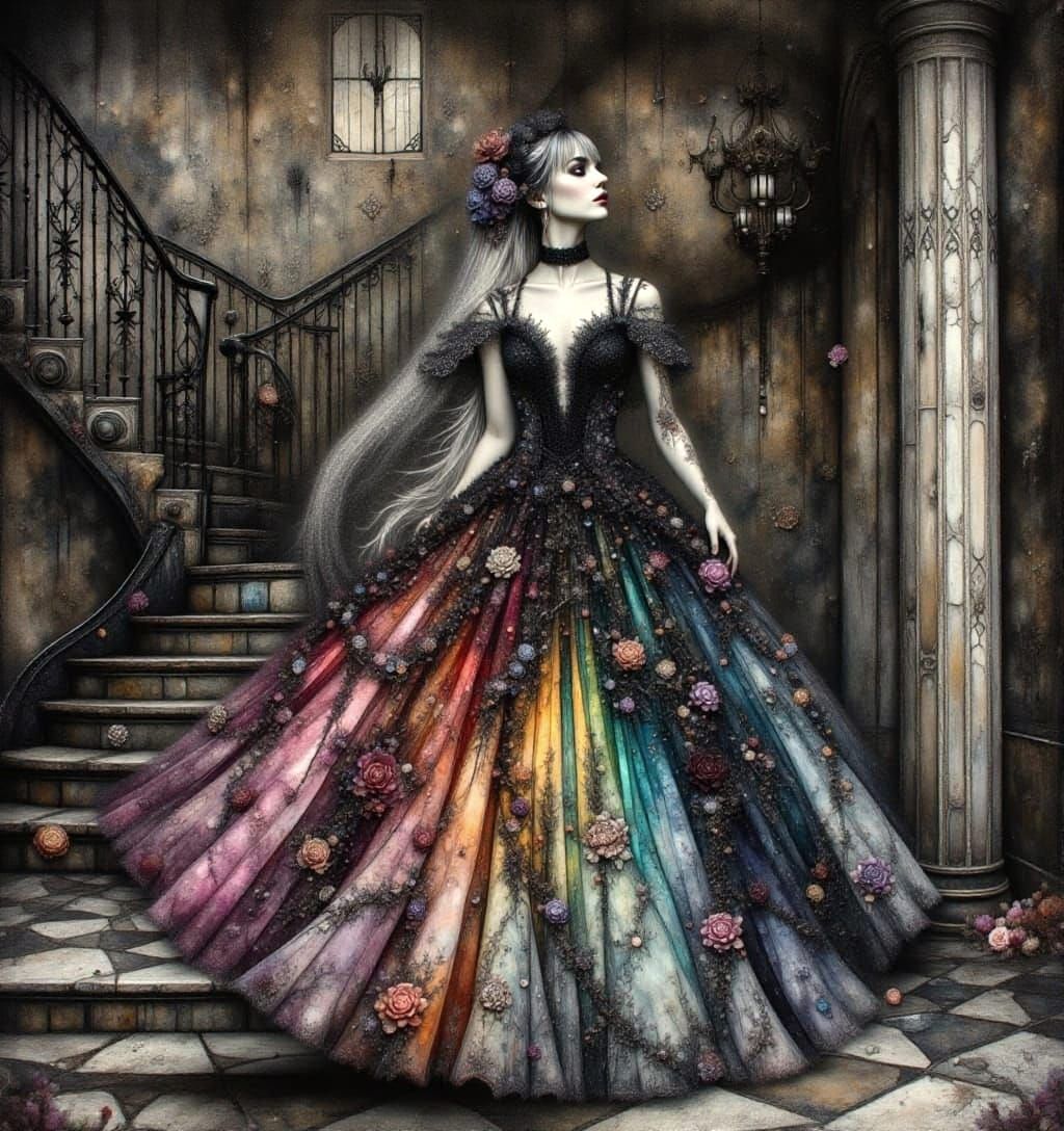 Gothic Woman in Rococo Gown Amidst Dark Fantasy Hall