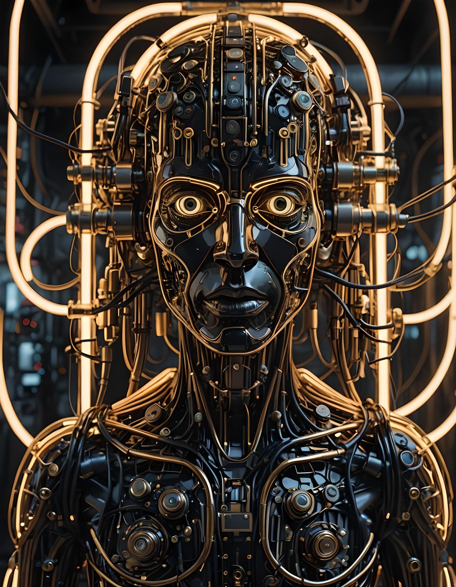 A complex machine made of neon tubes, black cables, and bras...