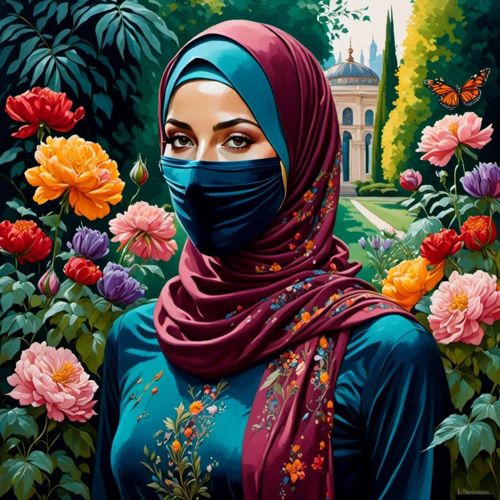 Botanical Garden Portrait with Hijab in Oil-Guache Style