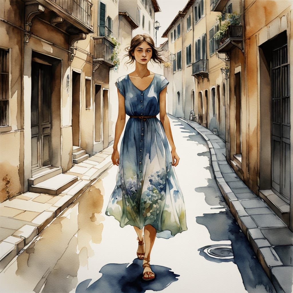Woman in Summer Dress, Atmospheric Watercolor Painting