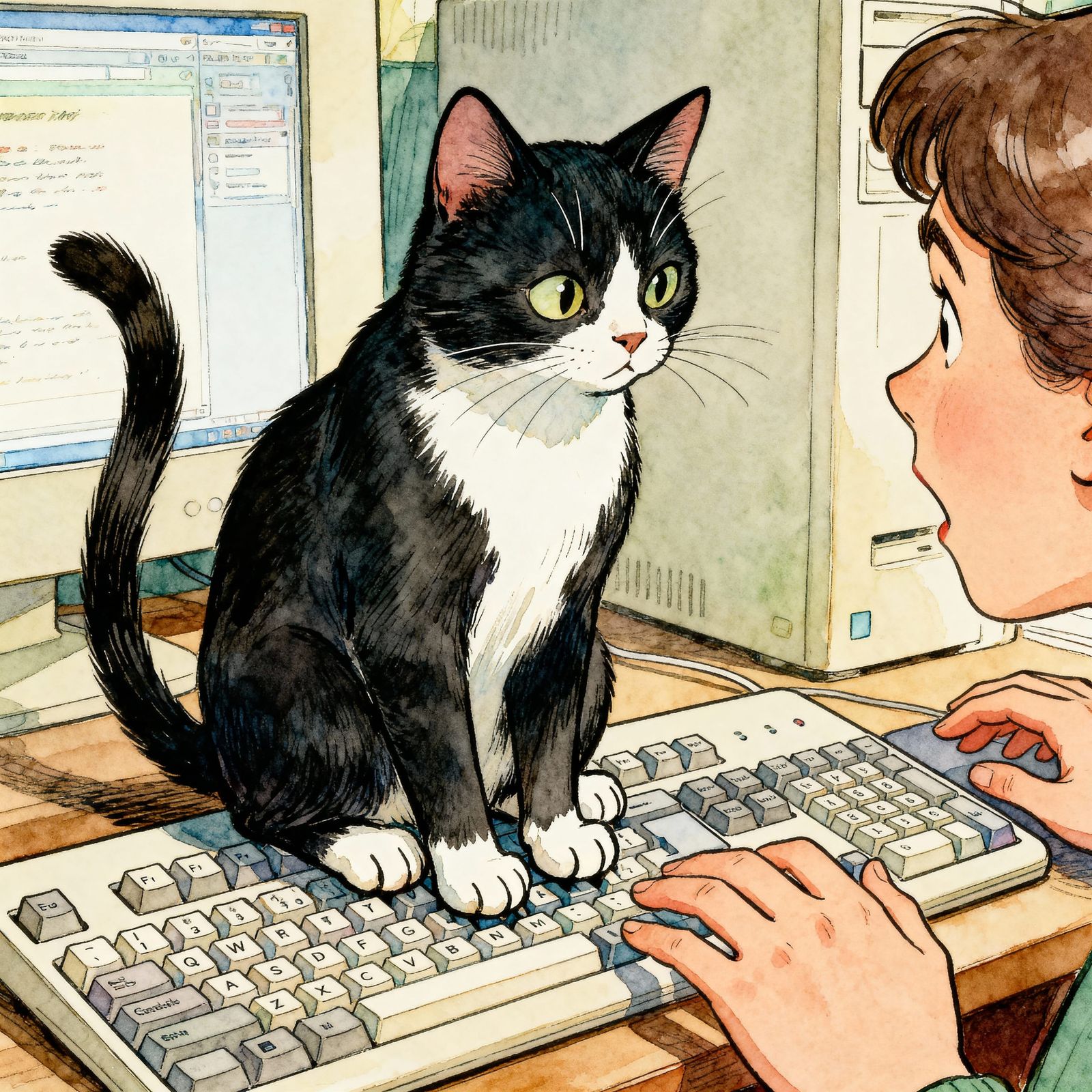 Tuxedo Cat Blocks Computer Keyboard in Whimsical Illustratio...