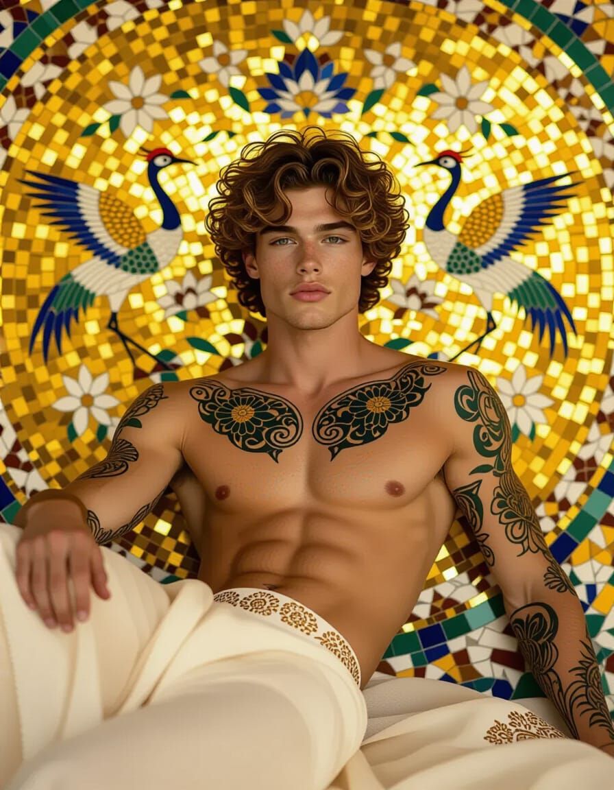 Man Reclining by Golden Mosaic Screen with Floral Tattoos