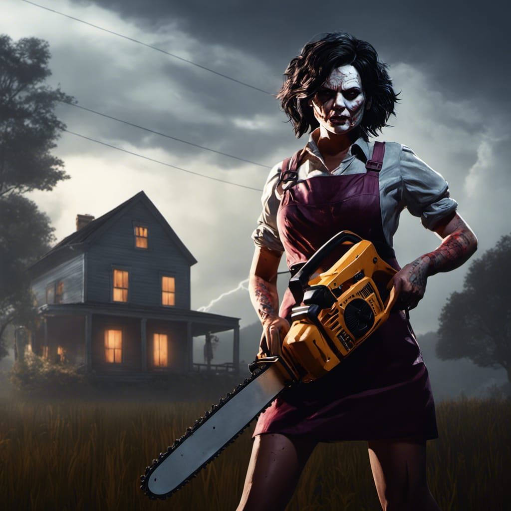 Female Leatherface in Pink Retro Horror Scene