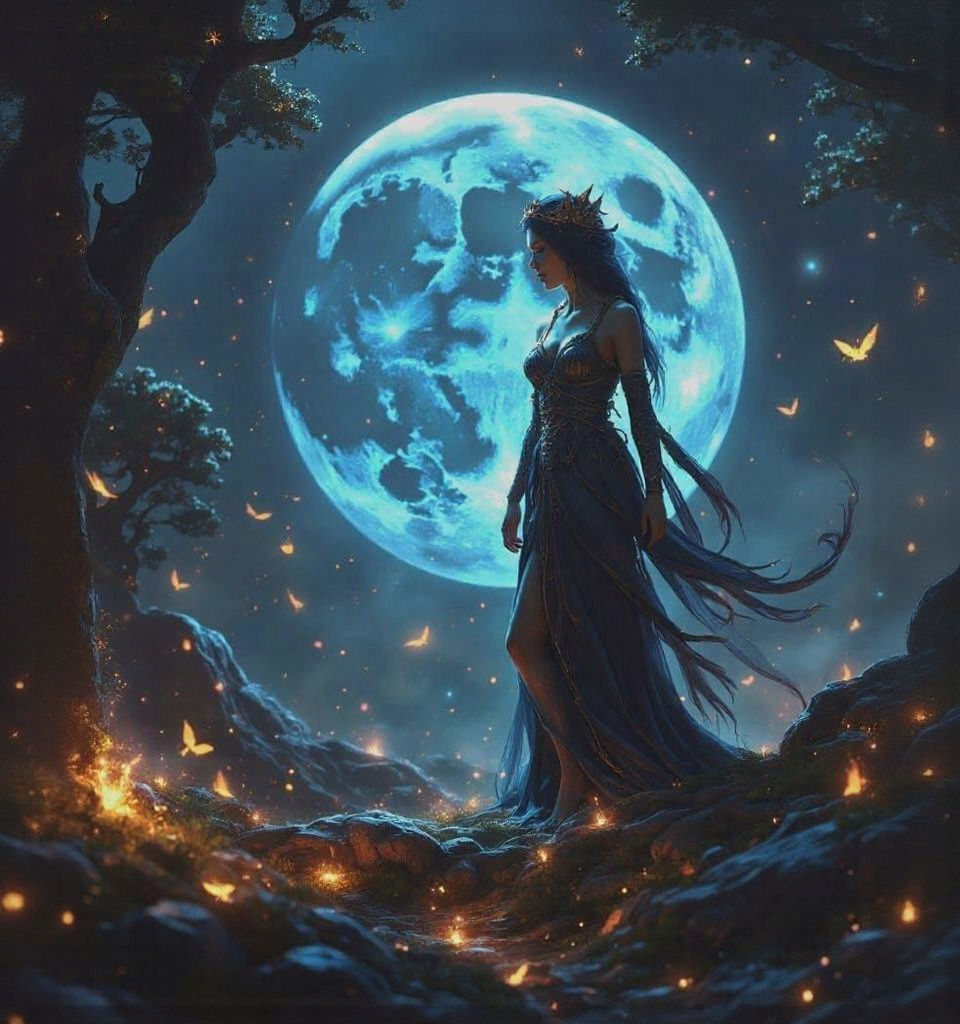 Goddess on Hill Under Moon in Baroque Style