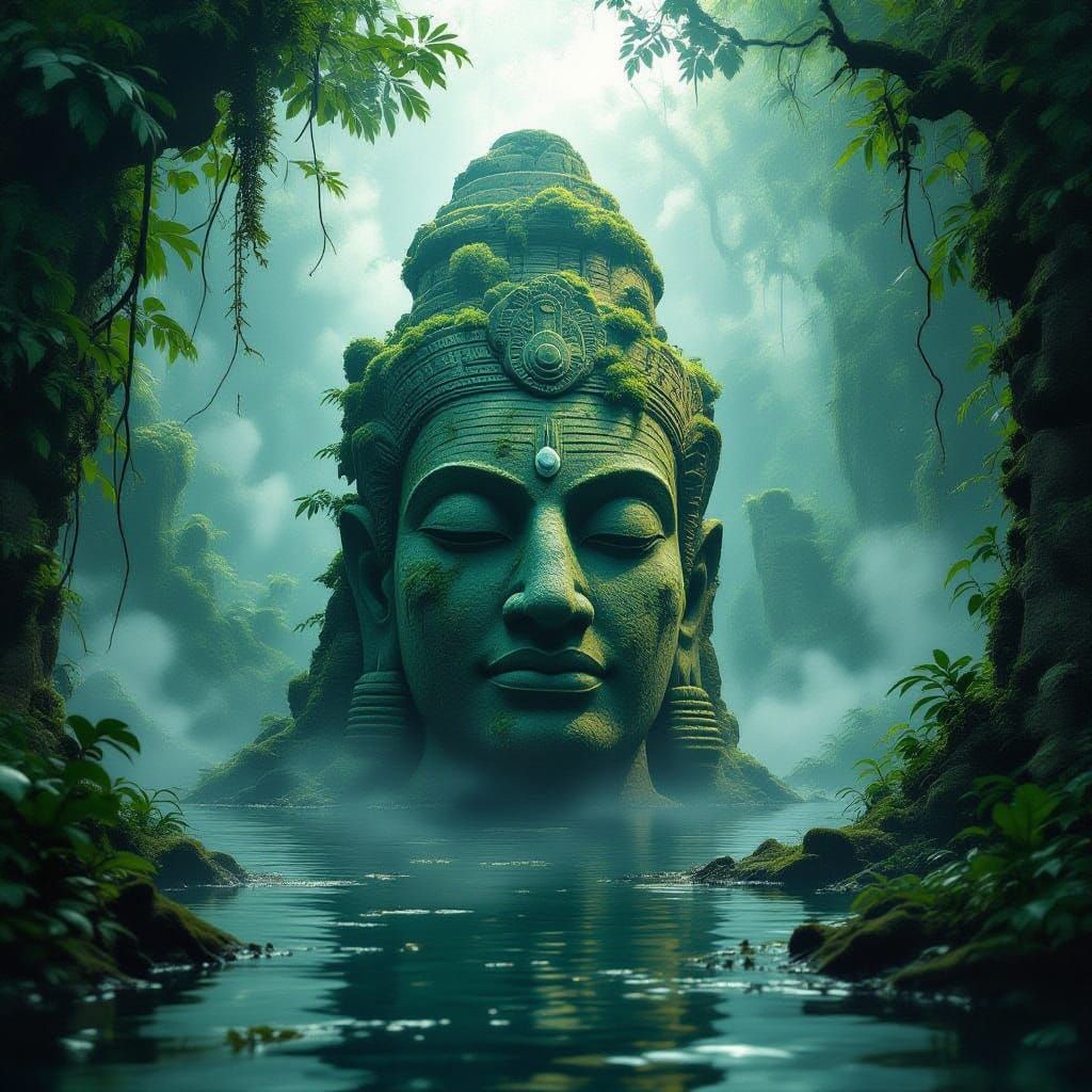 Ancient Deity Head in Misty Jungle Swamp