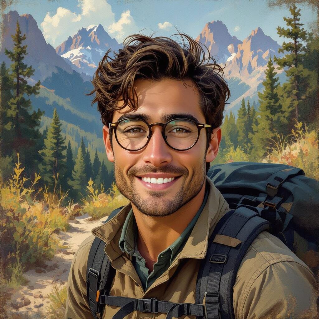Smiling Hiker in Wilderness Landscape Painting