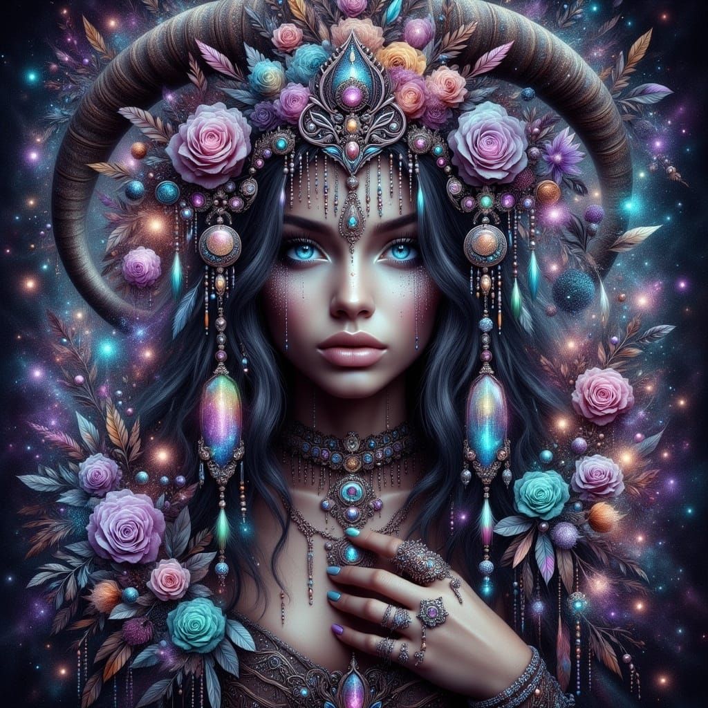 Gothic Mystic with Vibrant Aura and Floral Details in Dark a...