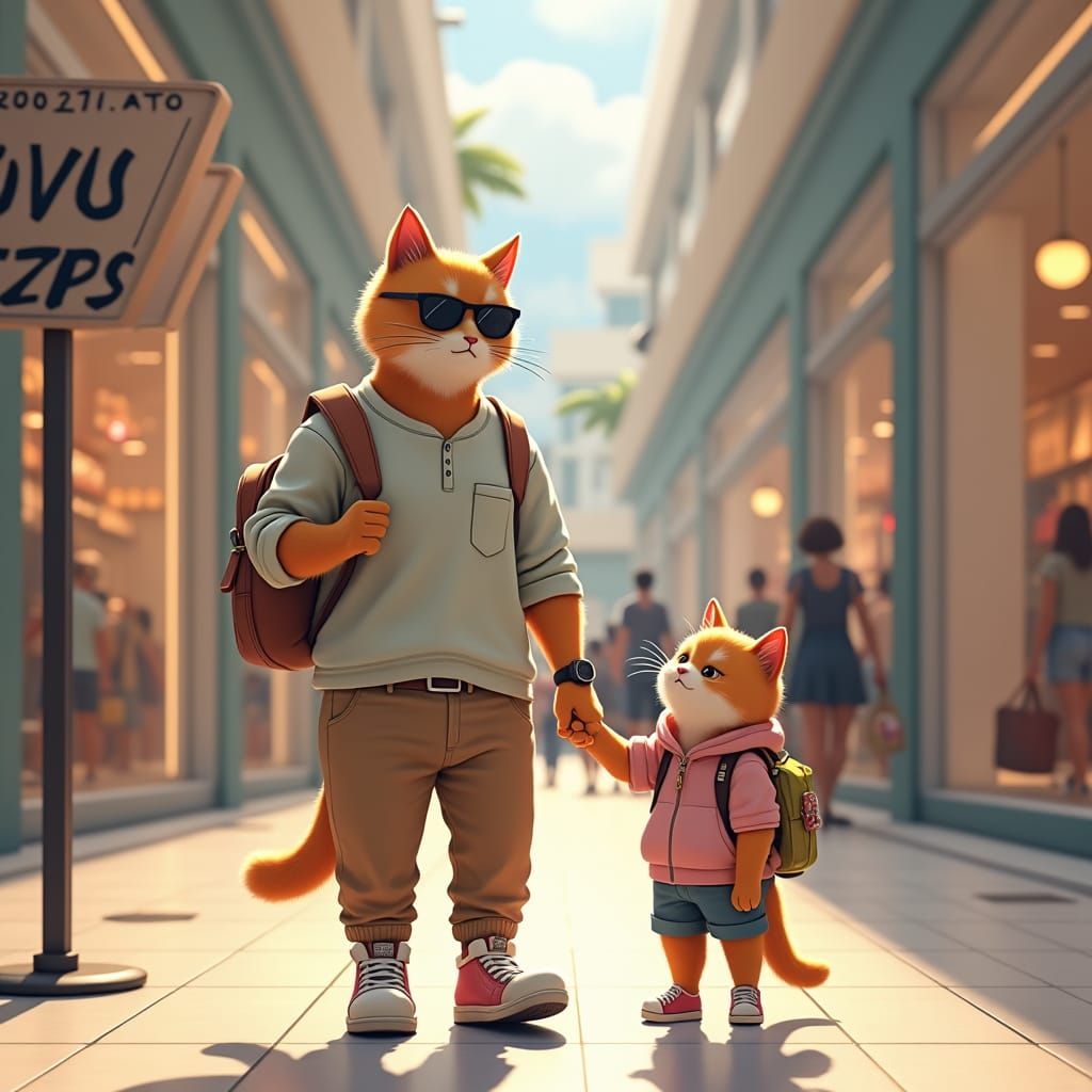 Father and Kitten Cats Shopping in 3D Anime Style