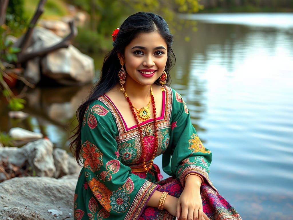 Elegant Young Woman by the Serene Lake