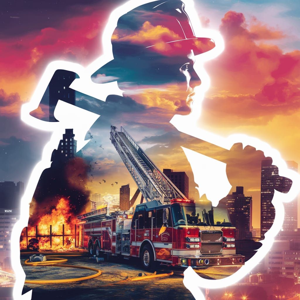Firefighter Silhouette: Burning City Double Exposure
