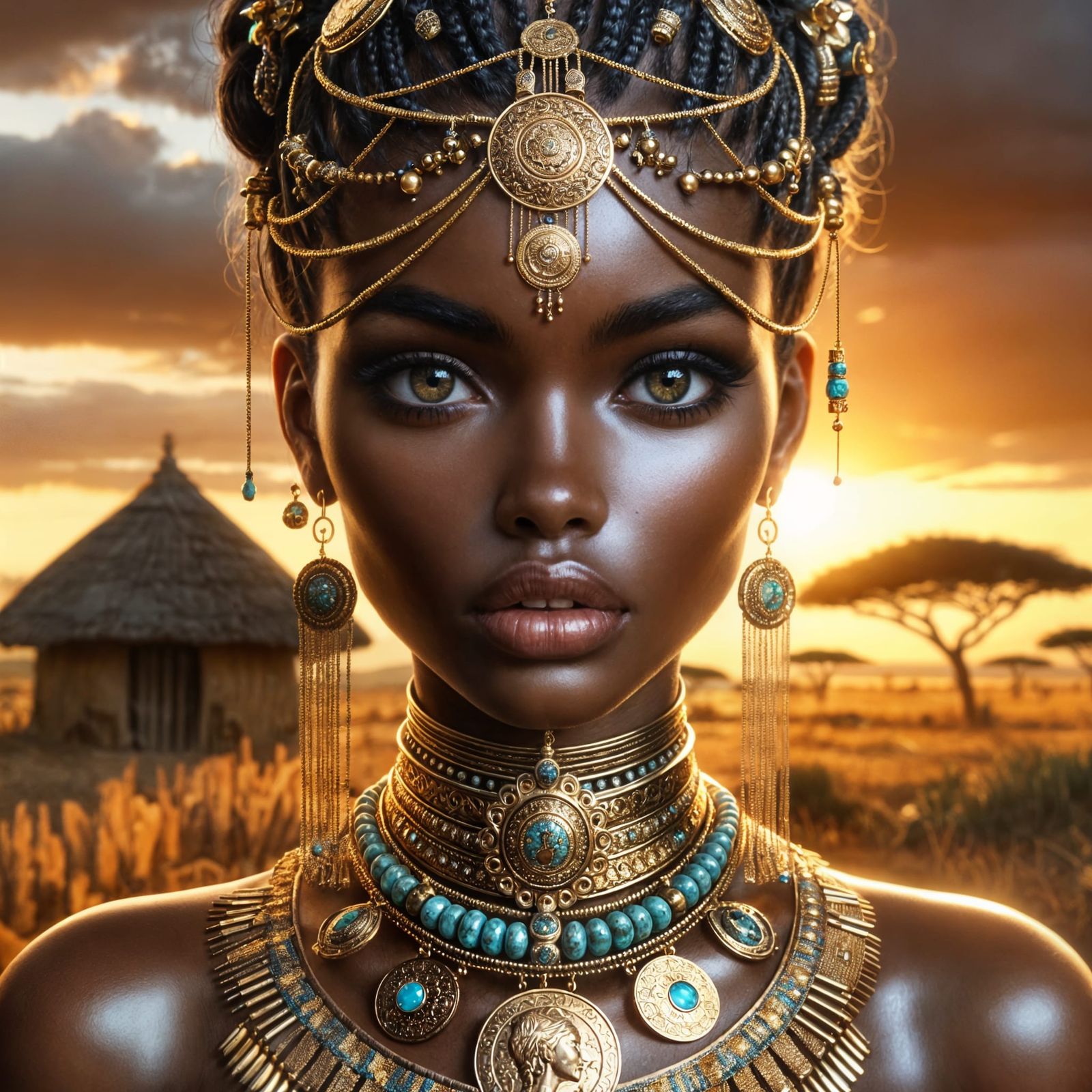 African Woman Portrait in Golden Sunset: Digital Art