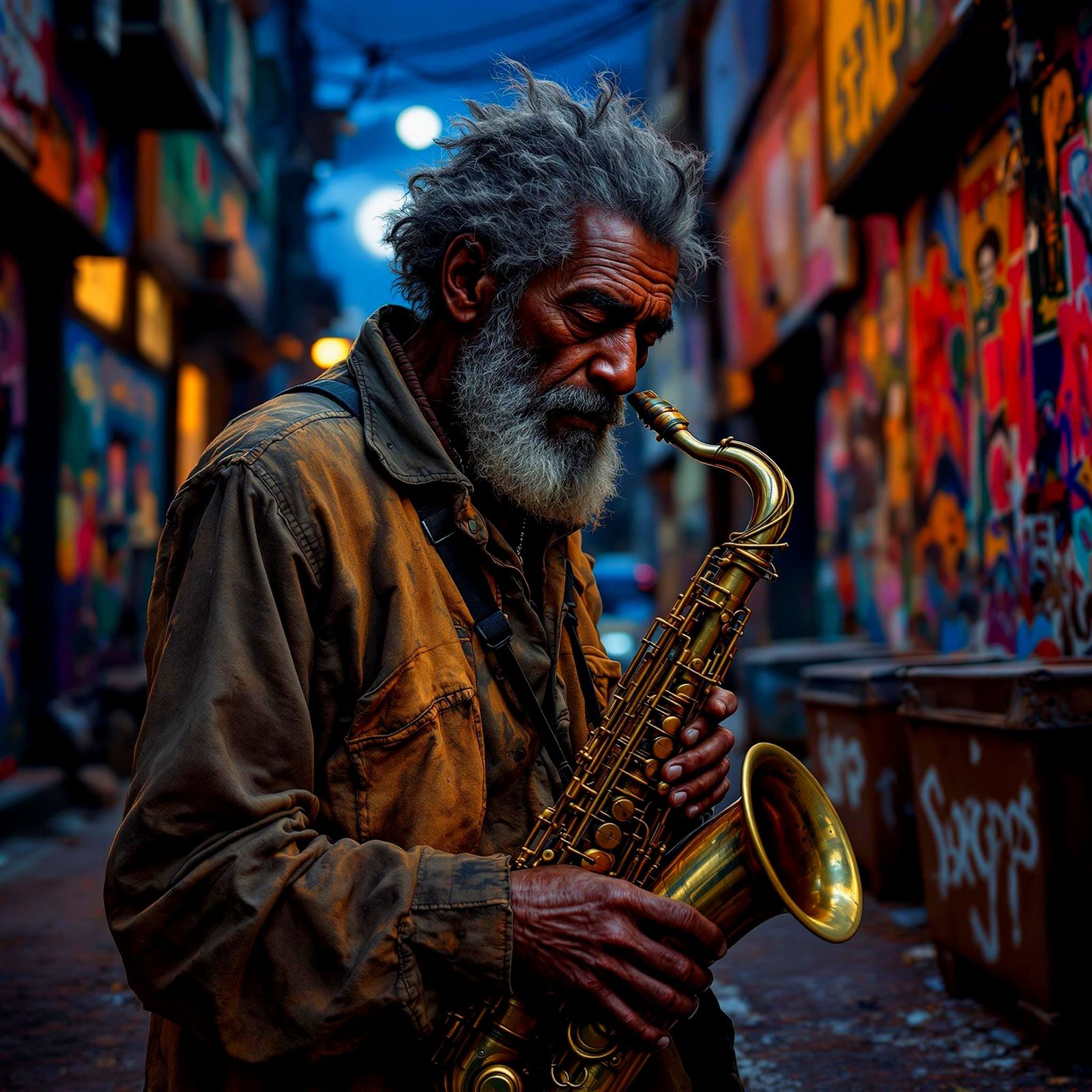 Hyperrealistic Portrait: Homeless Saxophonist in Dystopian A...